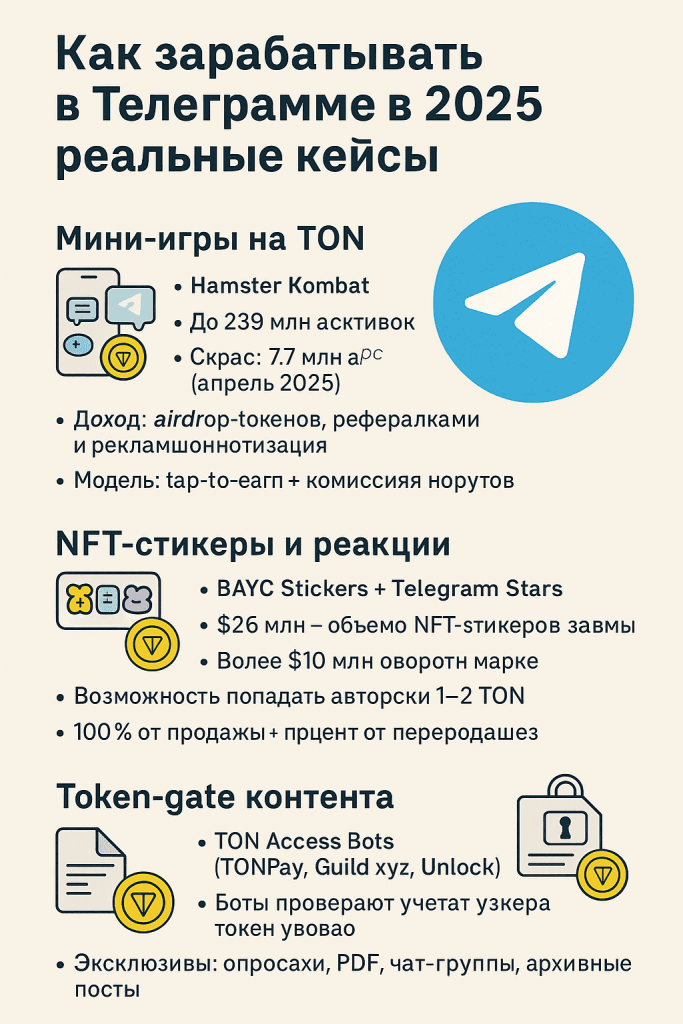 Инфографика наглядно показывает, как зарабатывать криптовалюту в телеграмме: мини-игры на TON, продажи NFT-стикеров и токен-гейт контента.